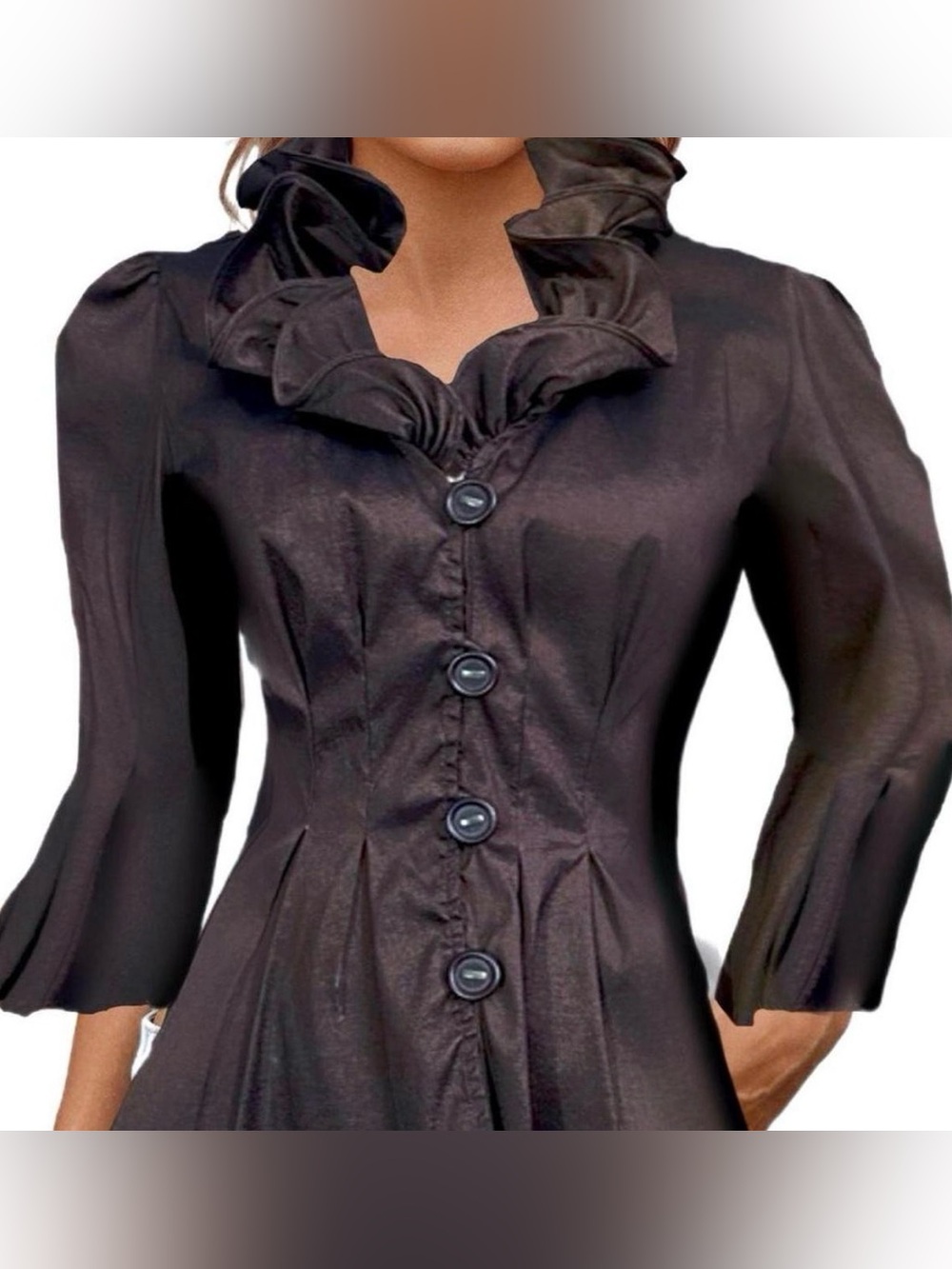 Black Ruffled Collar Button-Front Jacket - Picture 6 of 8
